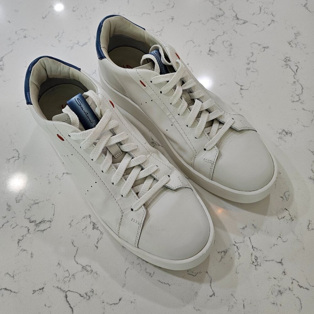 SANTONI Part White / Blue Leather Sneaker , Made In Italy US 10.5 (11)